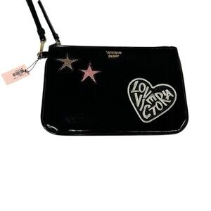 Victoria's Secret Love Victoria Wristlet Clutch Black Stars Heart Patch